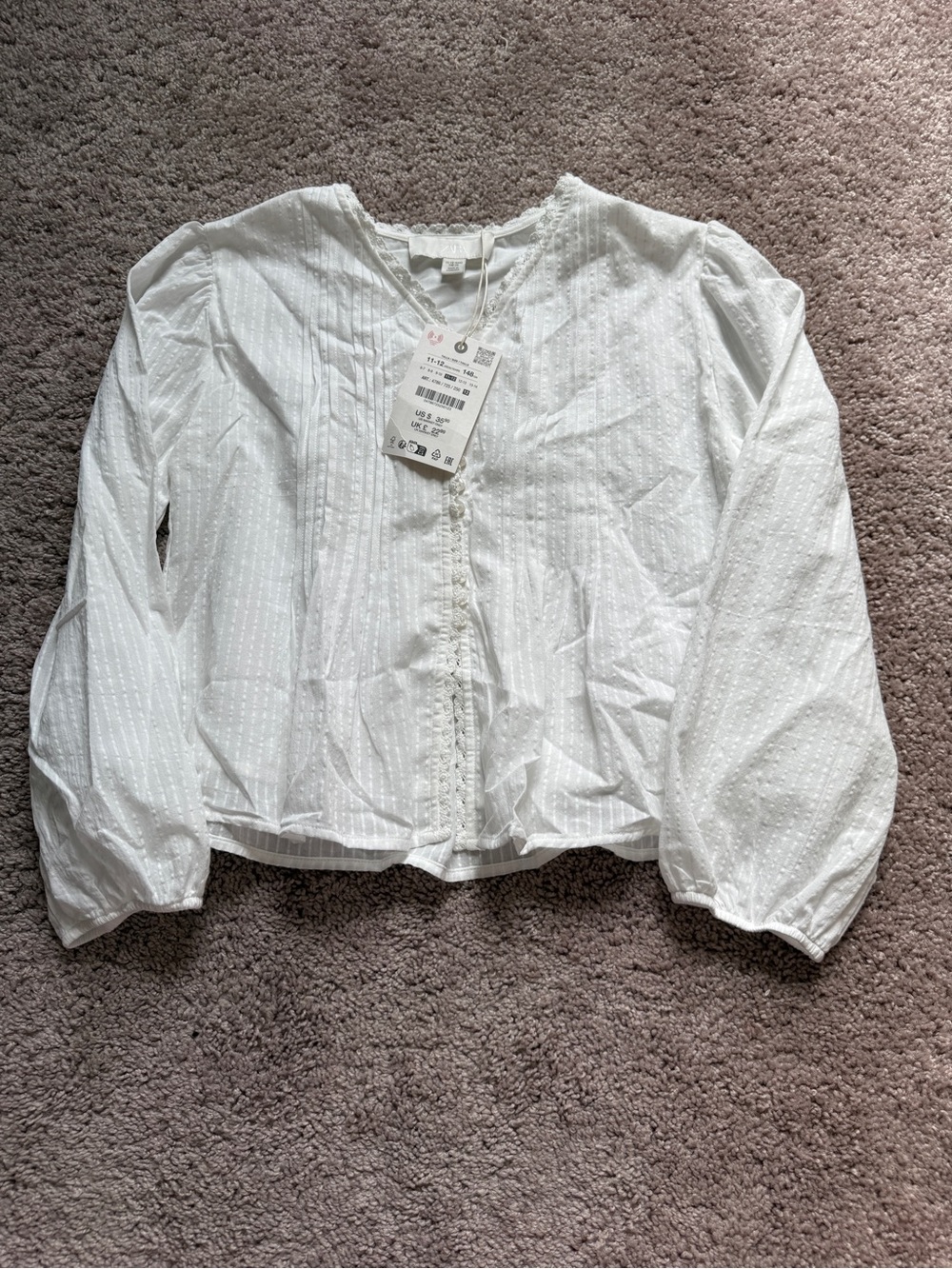 Zara White Pintuck Dot Peasant Blouse lace trim 11-12
